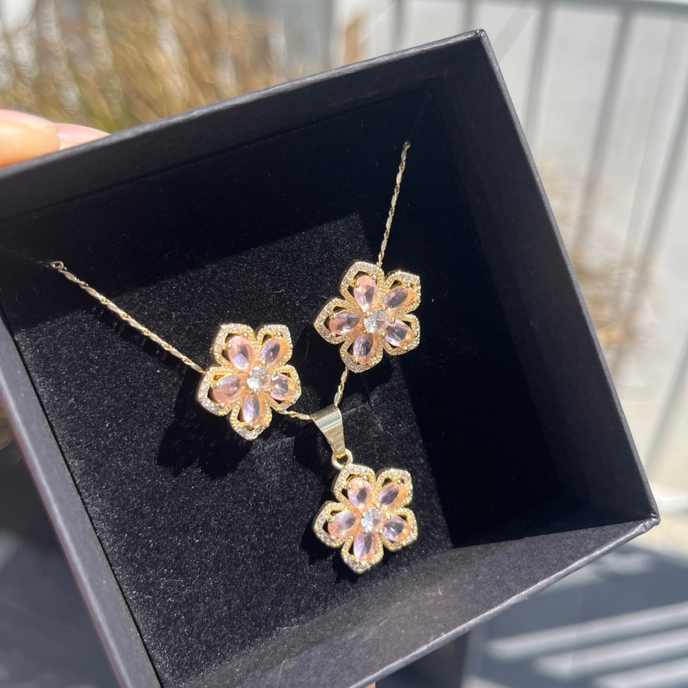 Gold and Pink Cherry Blossom Jewelry Set